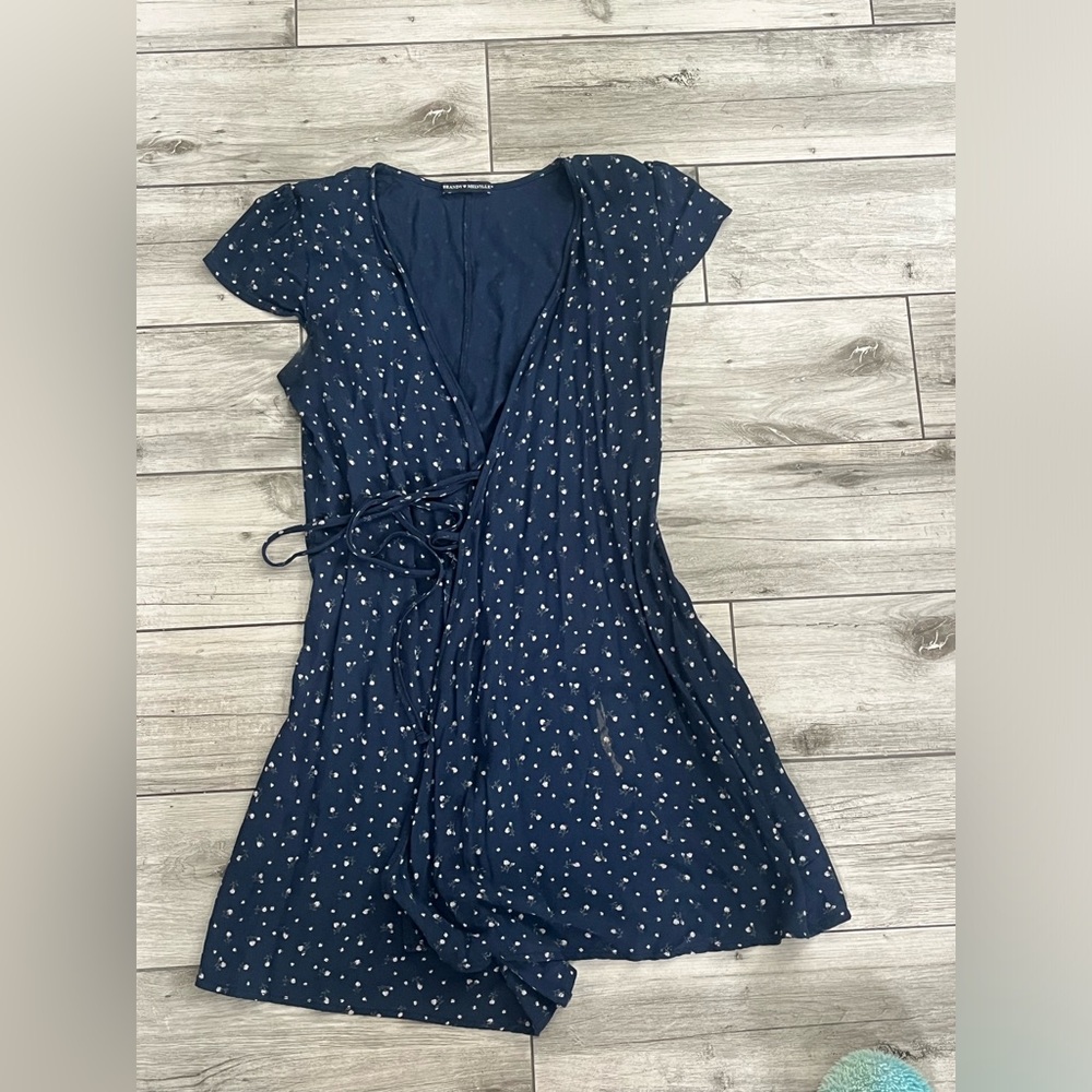 Brandy Melville Navy Blue Mini Wrap Dress with White Dot Print